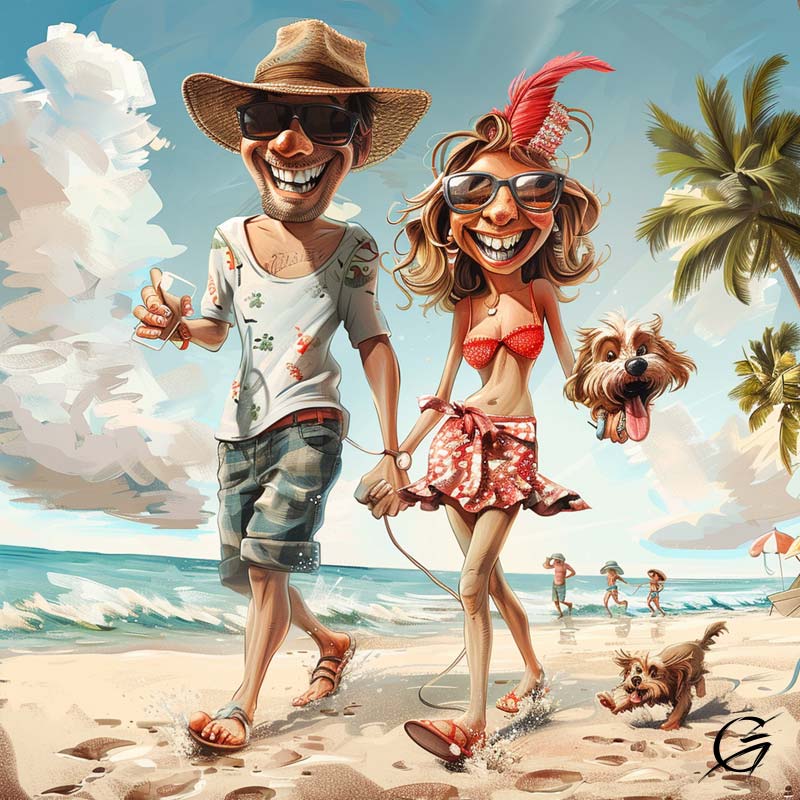Wedding-day-cartoon-walk-on-beach-from-G-Art