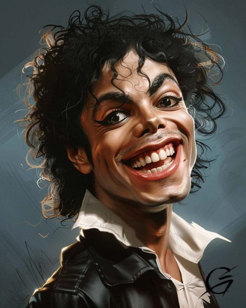 Michael Jackson caricature with open shirt and flowing hair