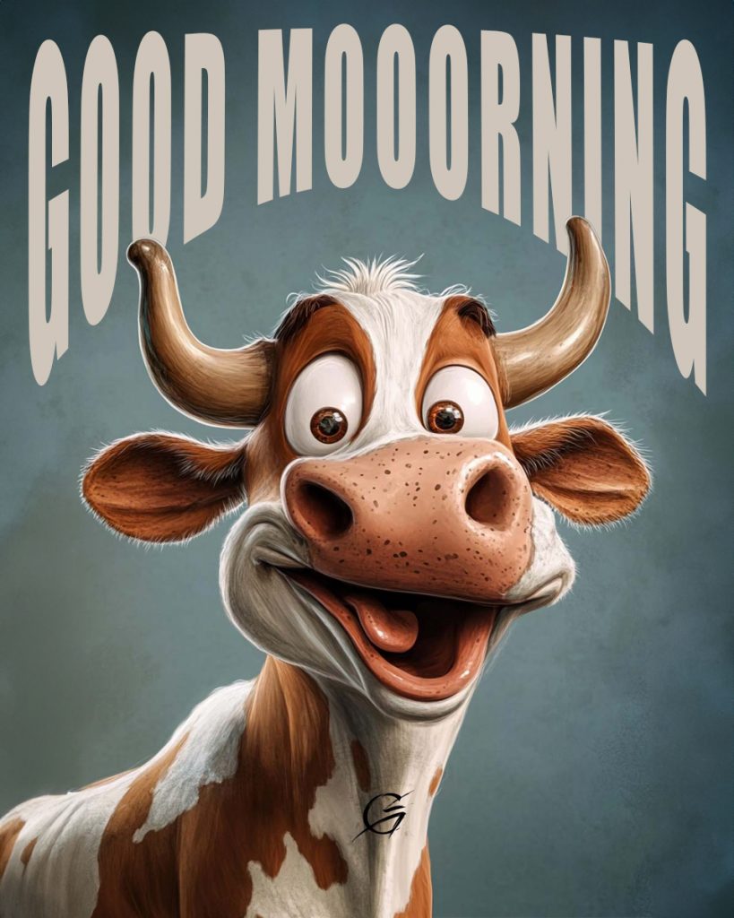 Lustige Kuh-Karikatur mit dem Spruch ‚Good Mooorning‘