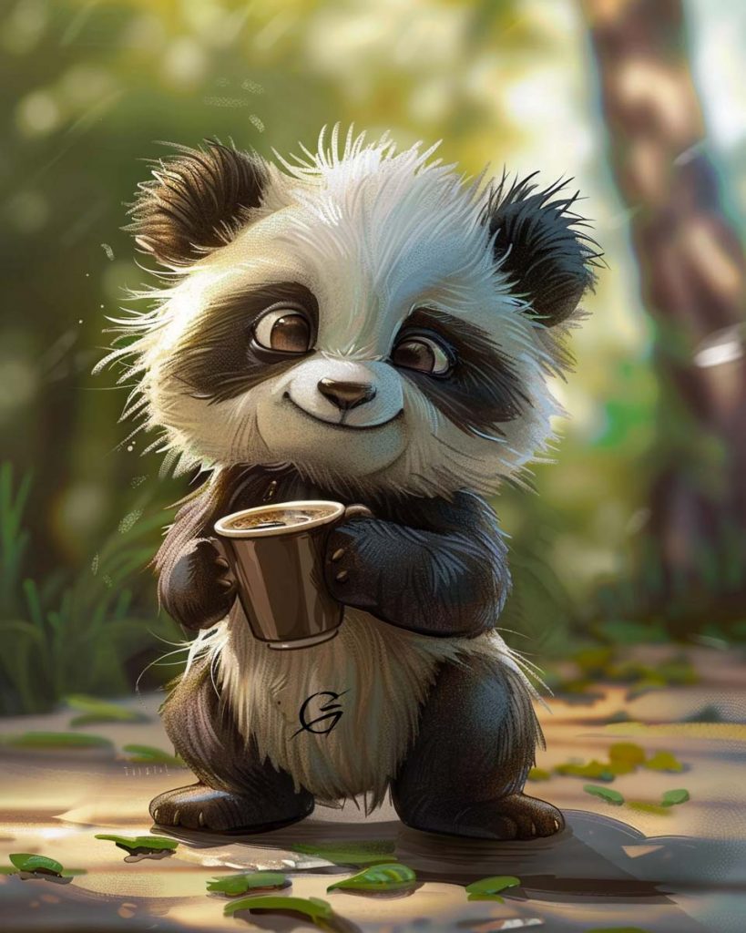 Niedliches Panda-Baby Karikatur mit Kaffeetasse